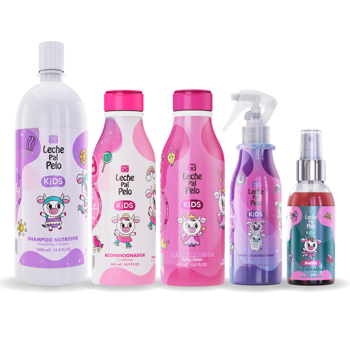 Kit MegaKids de Leche Pal Pelo: Combo agrandado y rendidor con Shampoo, acondicionador, crema para peinar, spray desenredante y finisher para niñas.