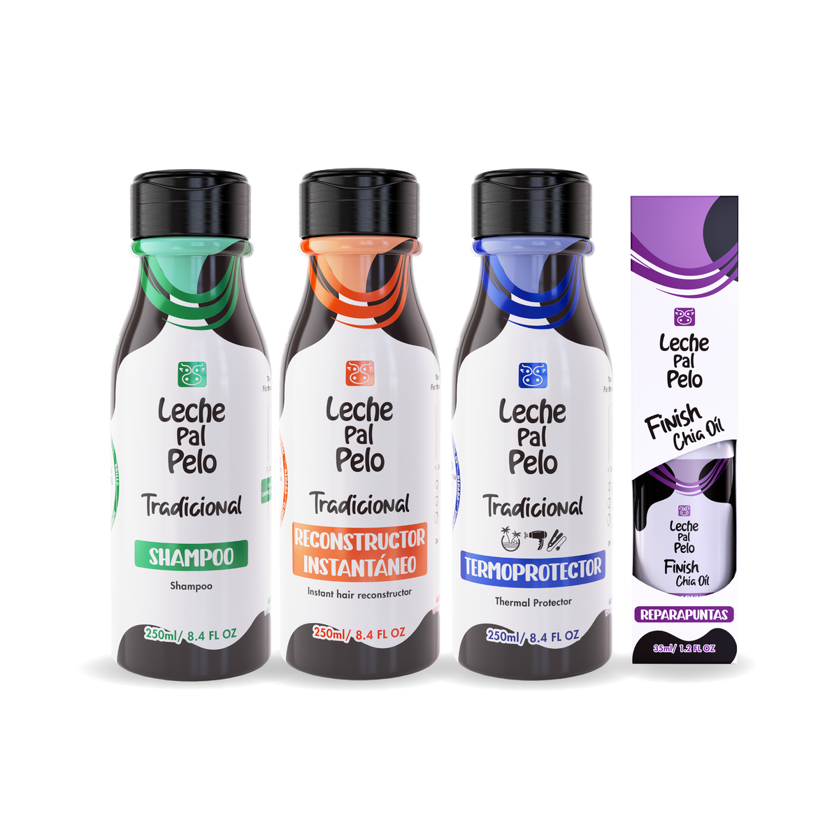 Kit tradicional leche pal pelo para cabello graso y normal. Shampoo sin sal. Repolarizador. termoprotector. Reparapuntas.