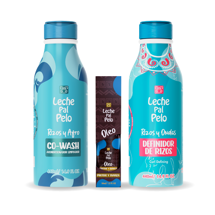 Combo Rizos Perfectos de Leche Pal Pelo: Co-Wash, Definidor de Rizos y Óleo para cabello rizado