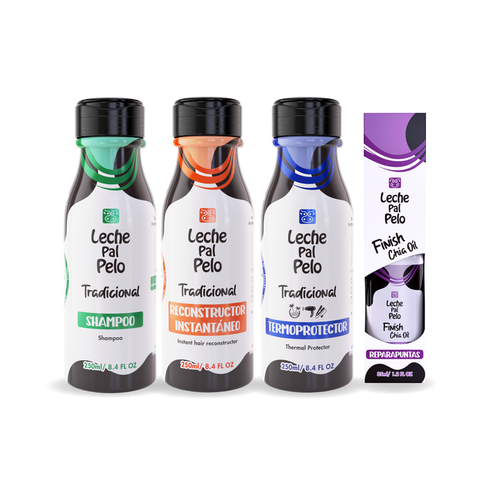 Kit tradicional leche pal pelo para cabello graso y normal. Shampoo sin sal. Repolarizador. termoprotector. Reparapuntas.