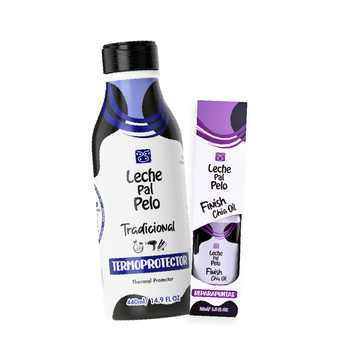 Duo deluxe de leche pal pelo. Termoprotector y aceite para el cabello graso y normal 